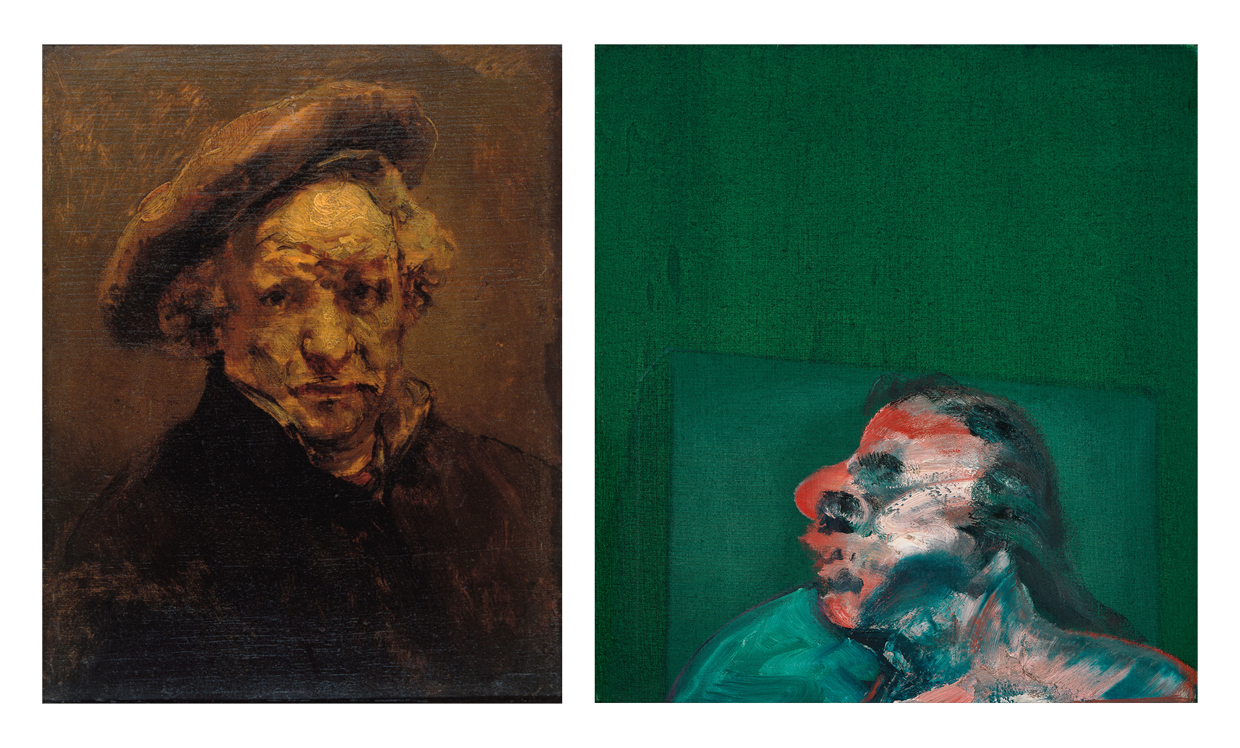 (Left) Rembrandt van Rijn, Self-Portrait with Beret, c.1659, Musée Granet, Aix-en-Provence © Hugo Maertens. All rights reserved.  (Right) Miss Muriel Belcher, 1959. Oil and aerosol paint on canvas. CR 59-13. © The Estate of Francis Bacon / DACS London 2021. All rights reserved.