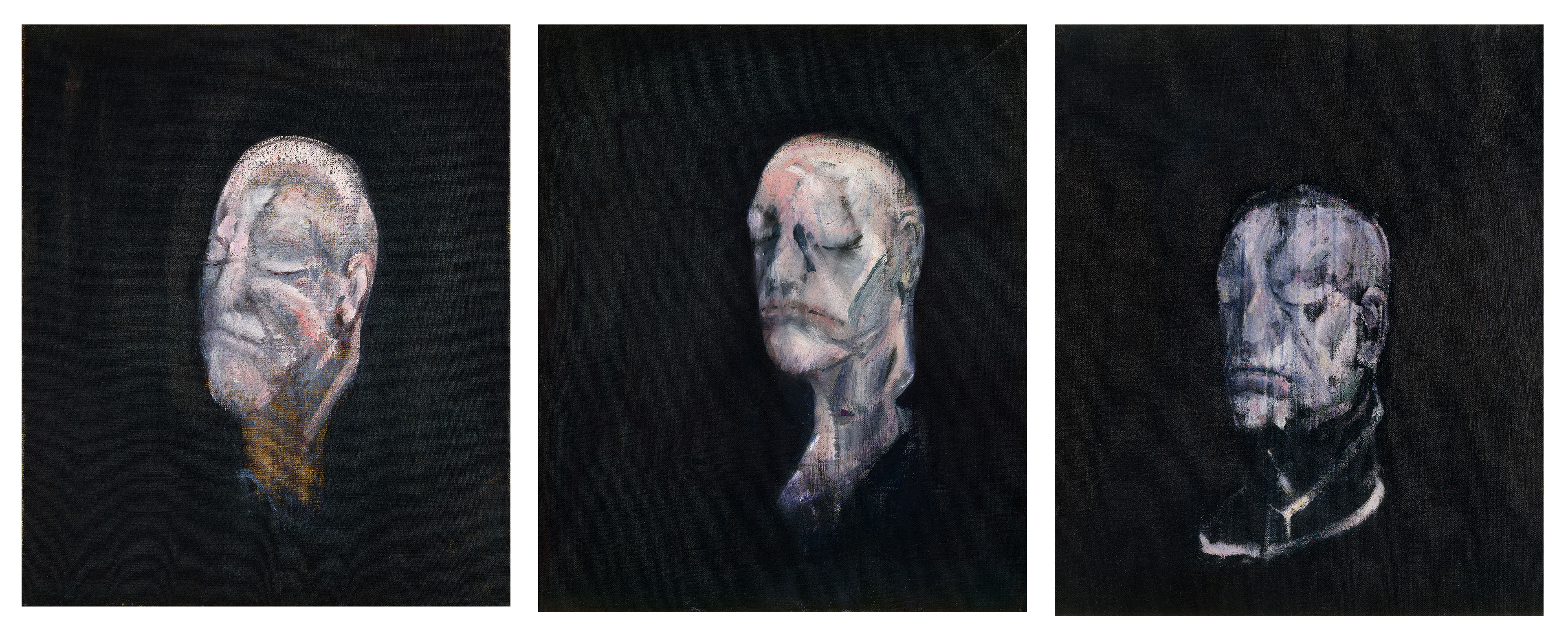 (Left) Study for Portrait I (after the Life Mask of William Blake). Oil on canvas. CR 55-01. (Mid) Study for Portrait II (after the Life Mask of William Blake). Oil on canvas. CR 55-02. (Right) Study for Portrait III (after the Life Mask of William Blake). Oil on canvas. CR 55-03. © The Estate of Francis Bacon / DACS London 2020. All rights reserved.