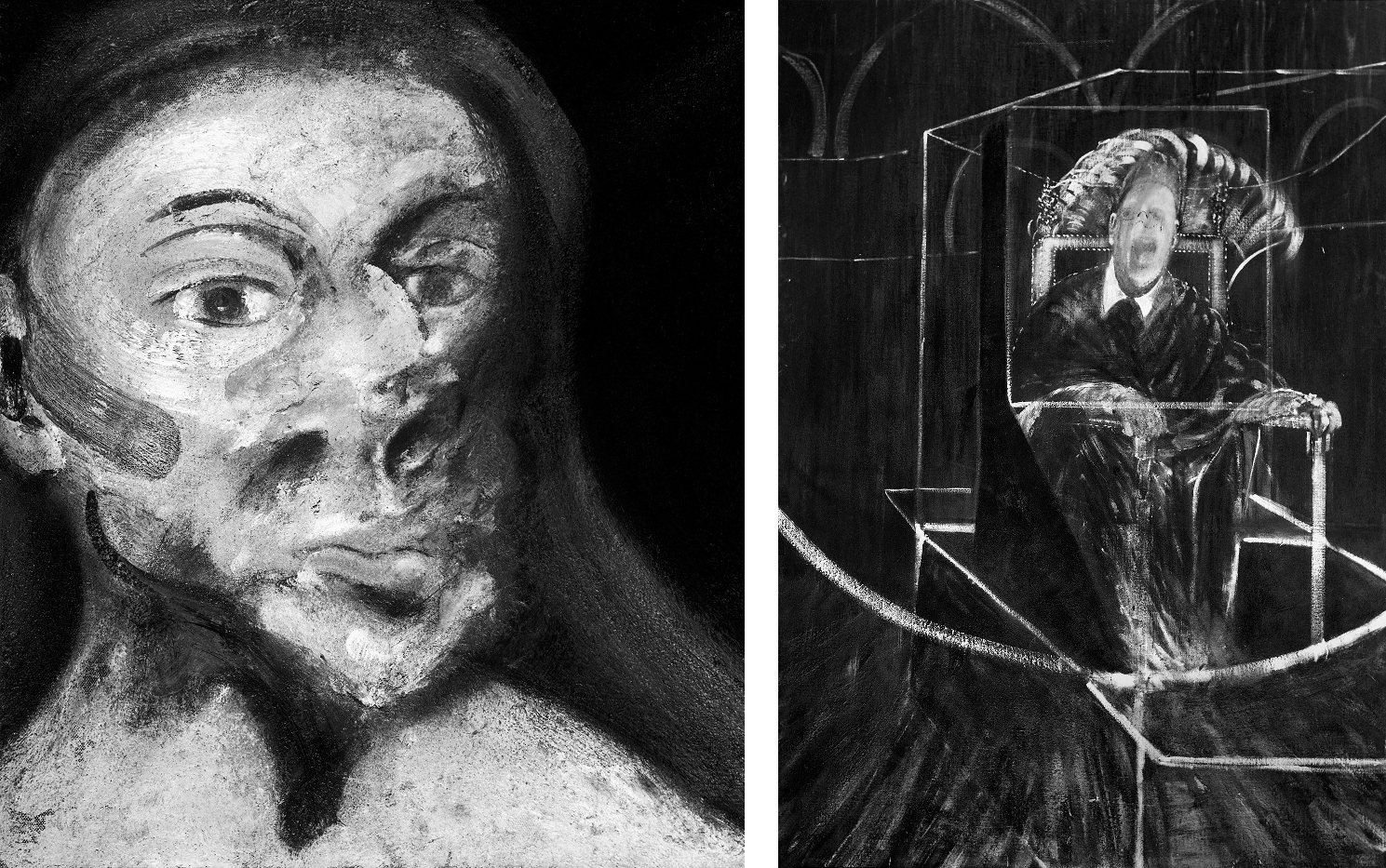 Decorative B&W images: Francis Bacon's Head of Woman, 1961 and Pope III, 1951.