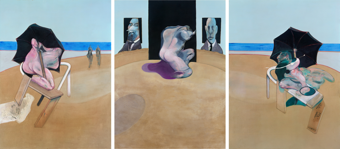 Decorative image: Francis Bacon's oil pastel and dry transfer lettering on canvas painting Triptych 1974-1977.