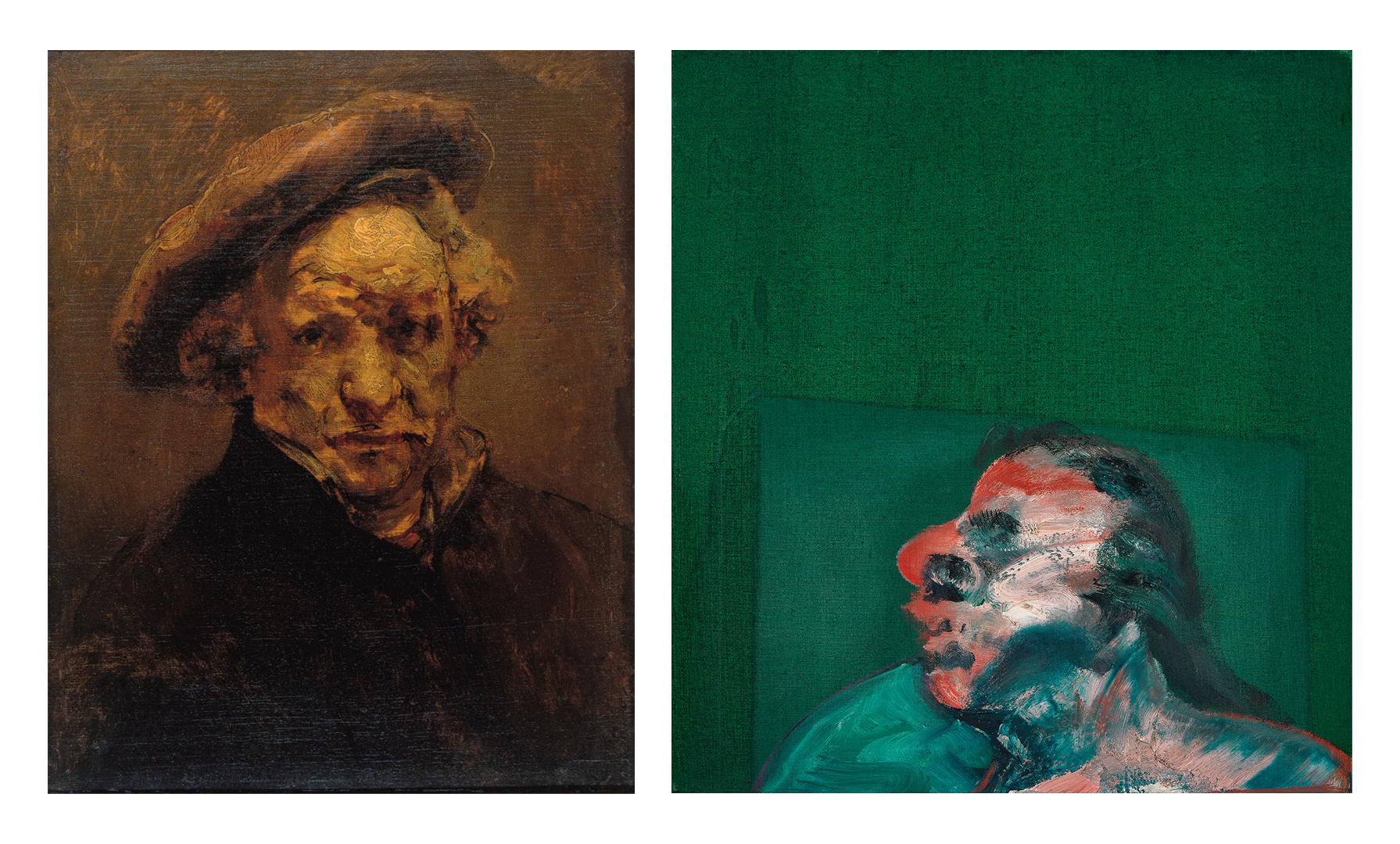 (Left) Rembrandt van Rijn, Self-Portrait with Beret, c.1659, Musée Granet, Aix-en-Provence © Hugo Maertens. All rights reserved. (Right) Miss Muriel Belcher, 1959. Oil and aerosol paint on canvas. CR 59-13. © The Estate of Francis Bacon / DACS London 2021. All rights reserved.