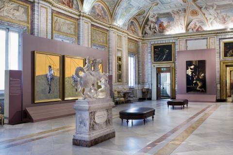 Installation shot from Caravaggio Bacon (Galleria Borghese, 2009-10) including 69-07 Three Studies of Lucian Freud