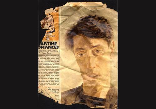 Fragment from newspaper showing a portrait of John Minton by Lucian Freud