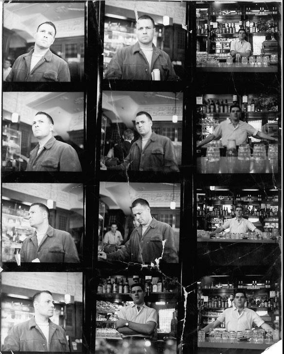 Contact sheet showing photographs of Frank Auerbach and unknown man, by John Deakin
