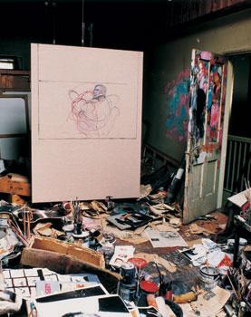 Photograph showing Bacon's last painting inside his Reece Mews studio, by Perry Ogden