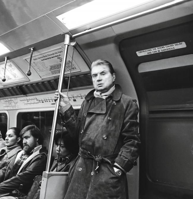 Black and white photograph of Francis Bacon on the Piccadilly Line, by Johnny Stiletto